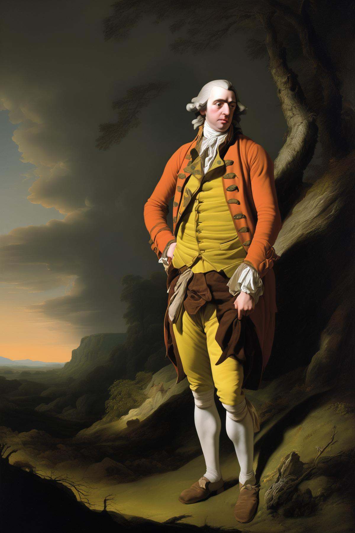 Joseph Wright Of Derby Style - An exhausted Gulliver in the 18th-century clothing advances into a desolate landscape,  a s...