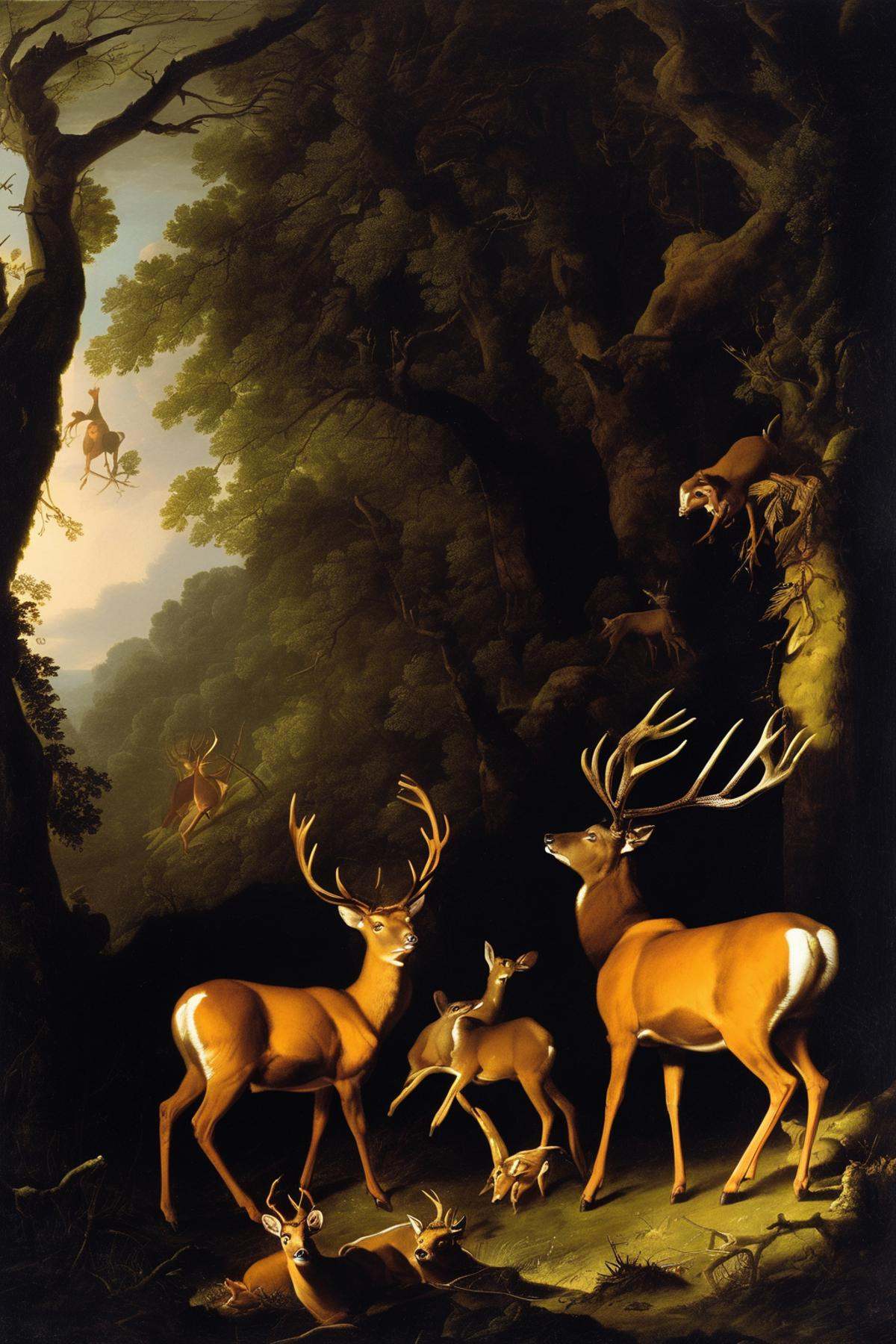 Joseph Wright Of Derby Style - a James Seymour,  Karl Reille inspired hunting scene where young stags and roe deer are hun...