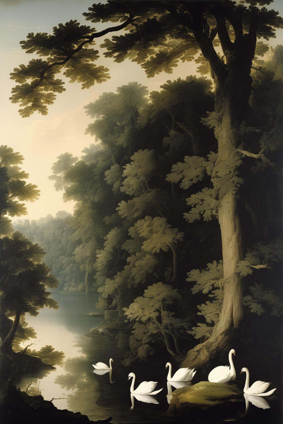 Joseph Wright Of Derby Style - Hyper detailed serene early morning landscape with the wall of giant,  dense trees over the...