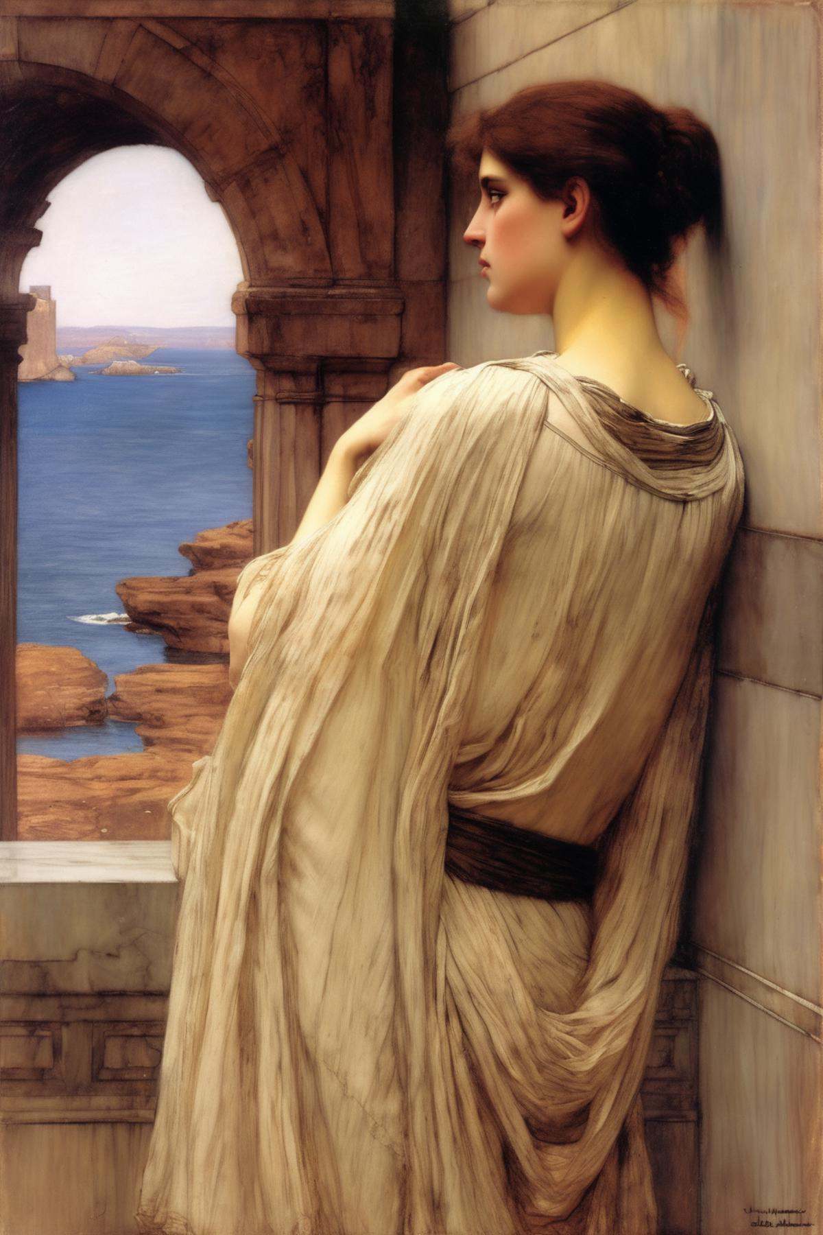 John William Waterhouse Style - sir lawrence alma-tadema woman looking out through on Tensor.Art