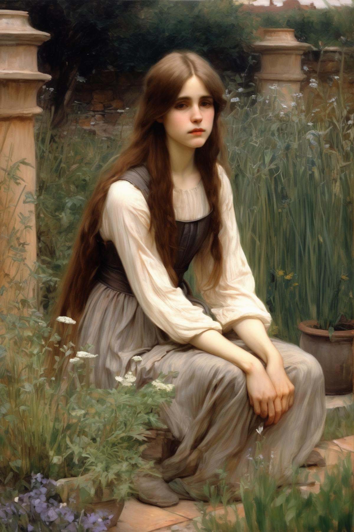 John William Waterhouse Style - john william waterhouse style,  light brown hair,  young woman kneeling in herb garden on...