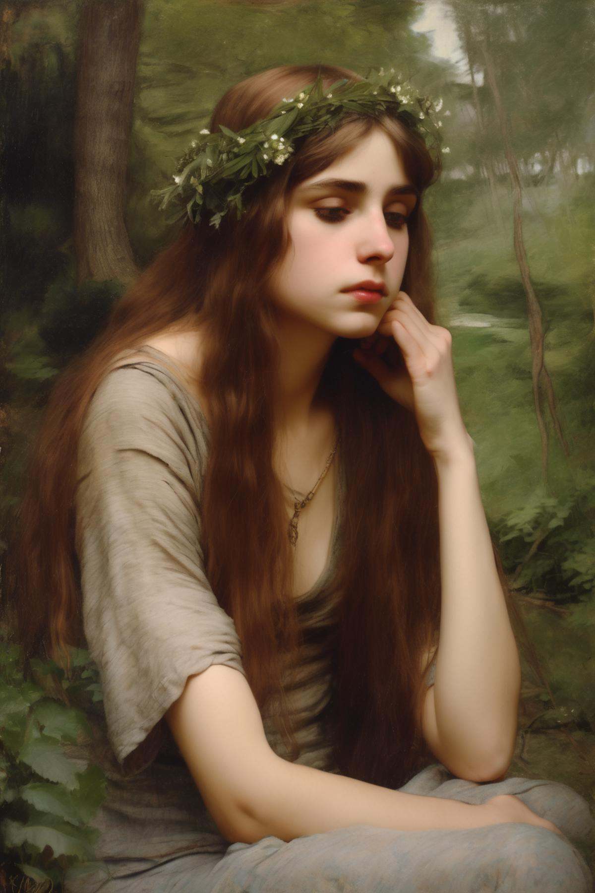 John William Waterhouse Style - reference photo for a dreamy portrait of a shy hamadryad on Tensor.Art