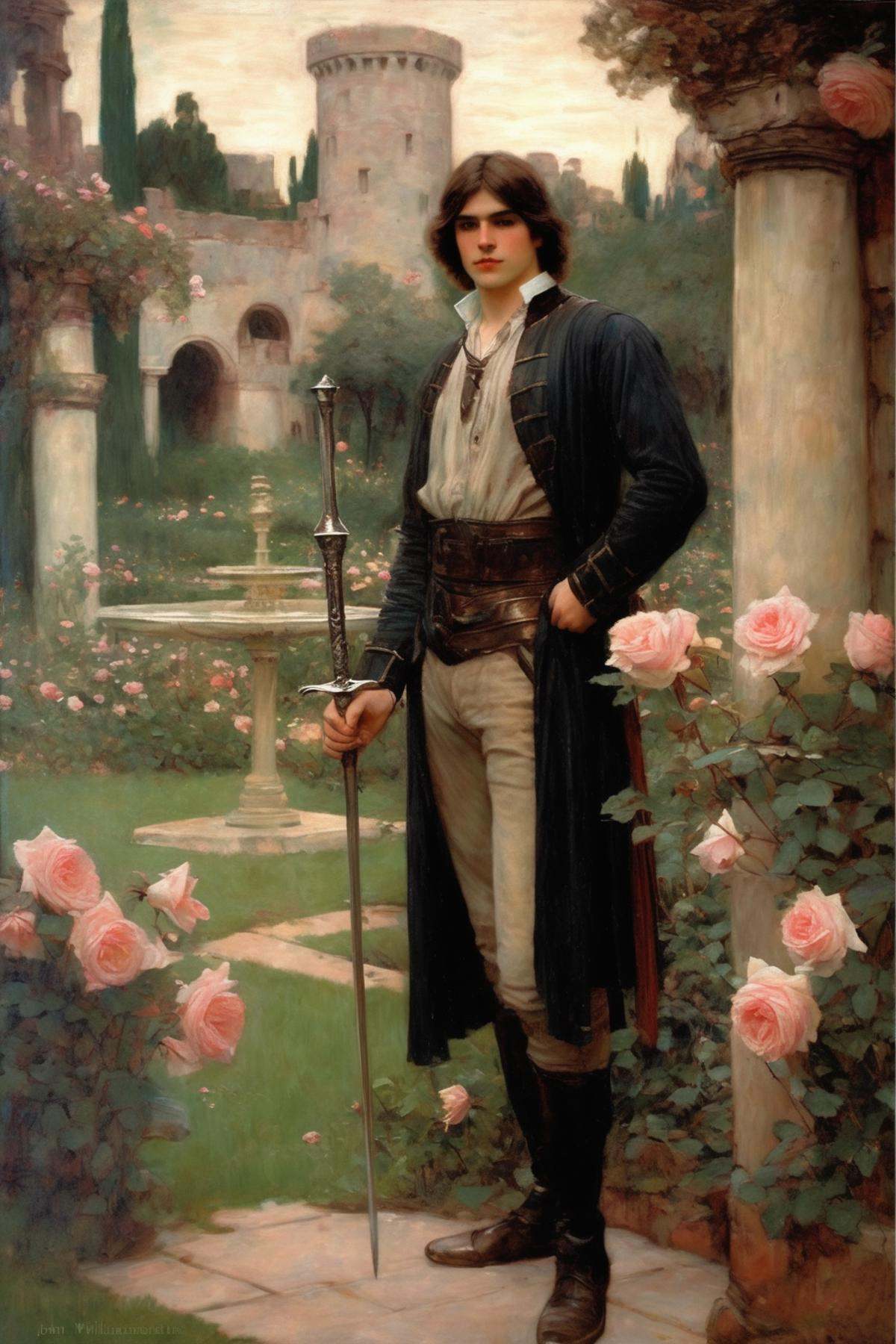 John William Waterhouse Style - #294448 A romantic oil painting by John William Waterhouse depicting a lush garden filled...