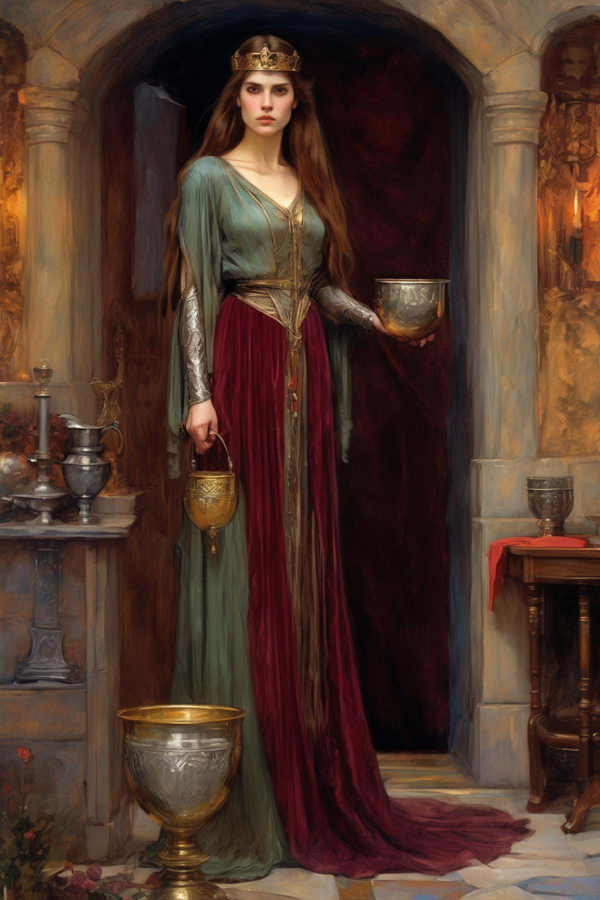 John William Waterhouse Style - character portrait,  queen Guinevere hiding the holy grail behind her back,  gorgeous woma...