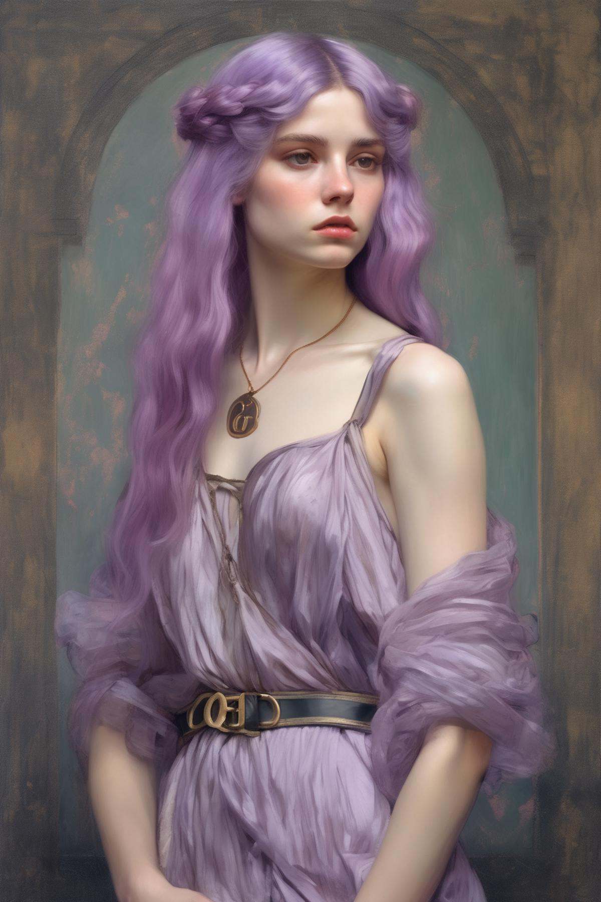 John William Waterhouse Style - full-body portrait of a young woman nymph wearing gucci high fashion clothes with pastel v...
