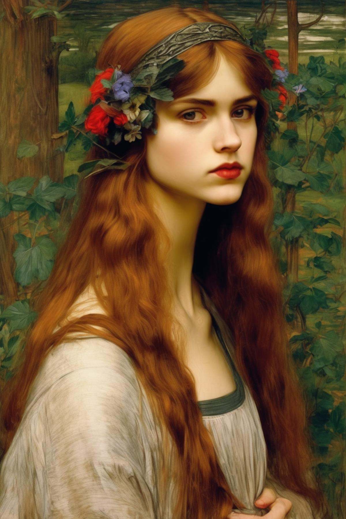 John William Waterhouse Style - Slavic girl,  painting in the style of the artist Dante Gabriel Rossetti on Tensor.Art