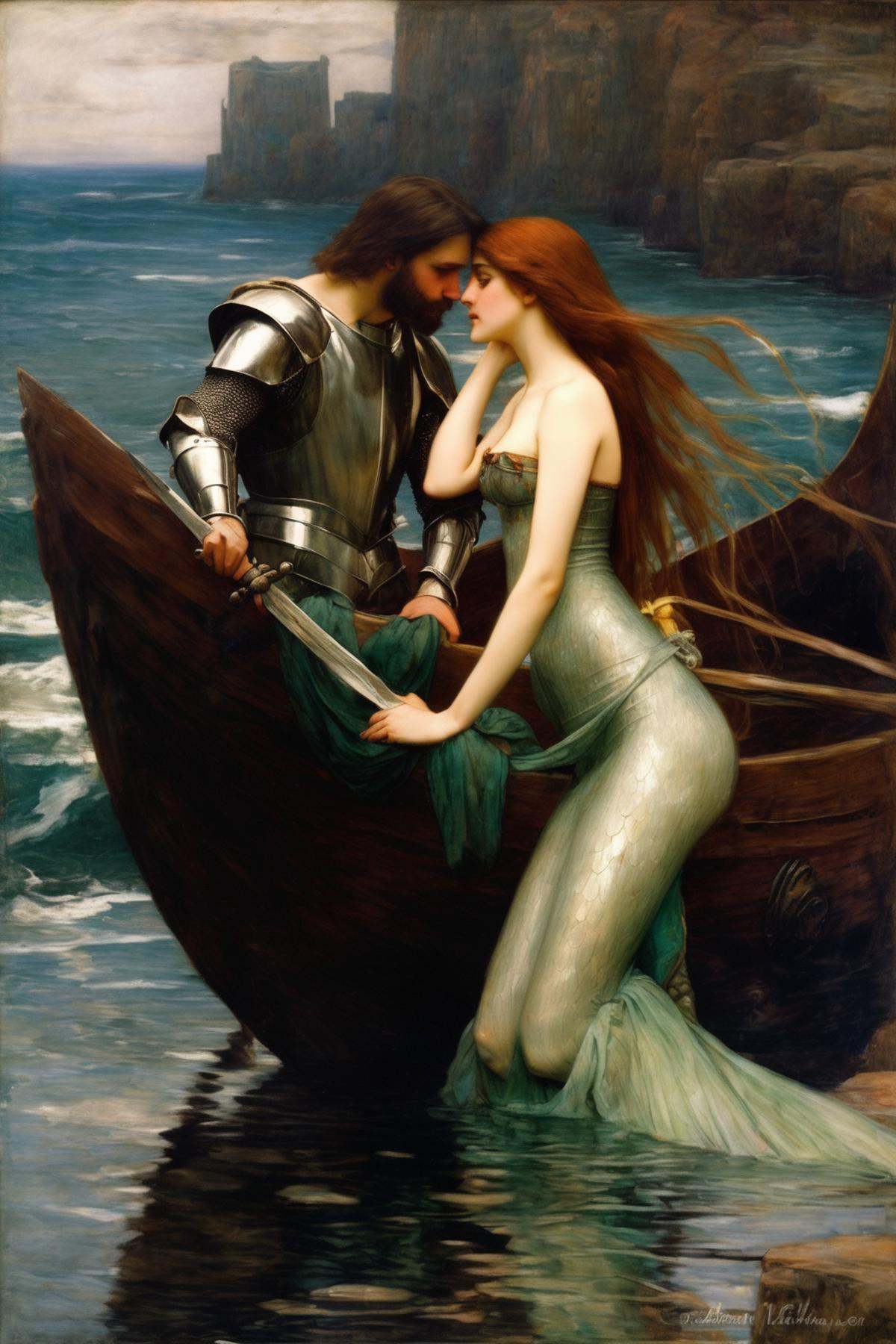 John William Waterhouse Style - a beautiful mermaid in love with a Knight,  an oil painting on Tensor.Art