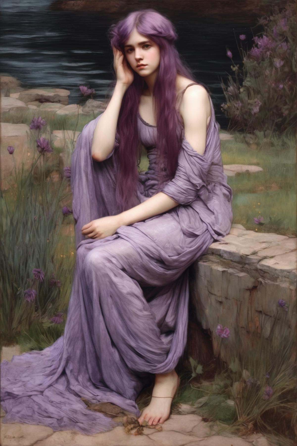 John William Waterhouse Style - full-body portrait of a young woman nymph with pastel violet hair on Tensor.Art