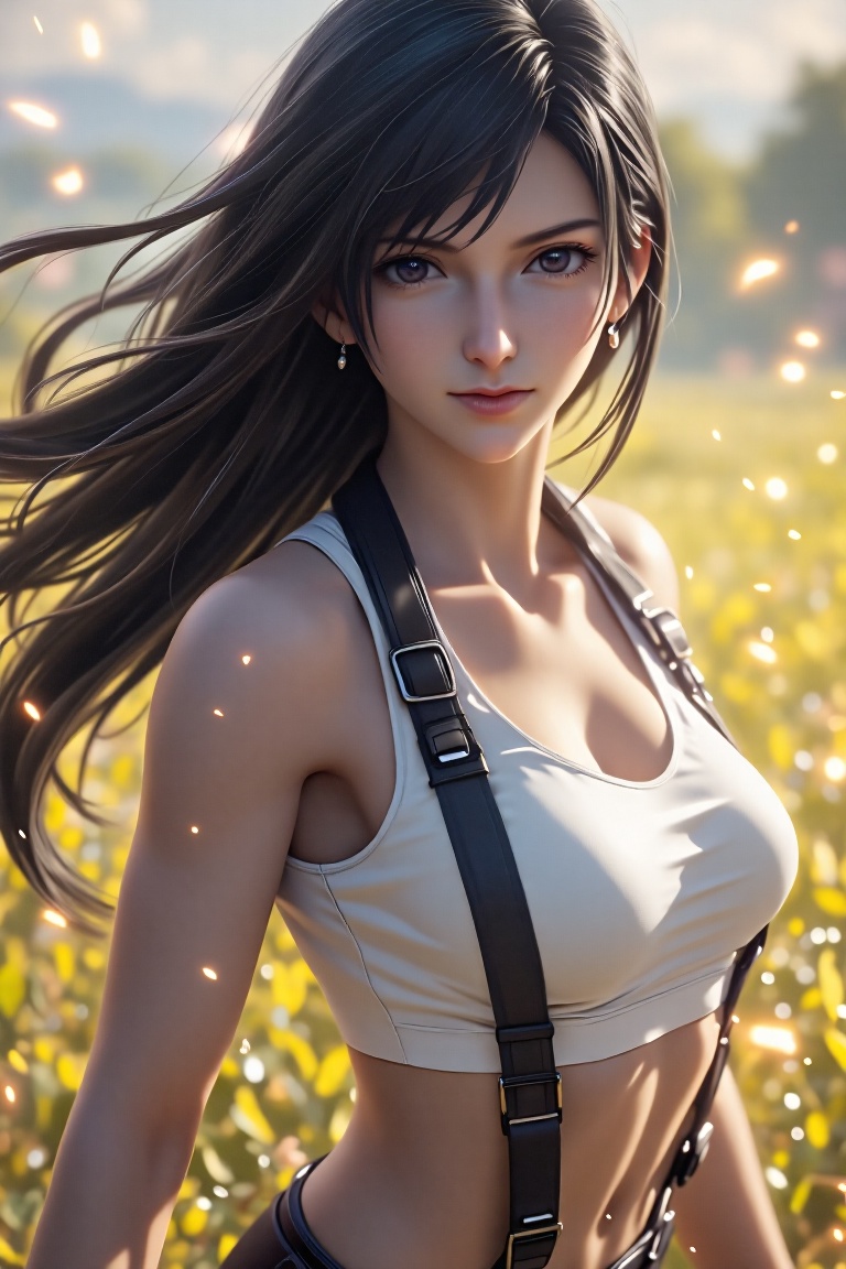 in a meadow,  A girl wearing a white sports bra and black suspenders,  with flowing black hair and a firm expression. The...