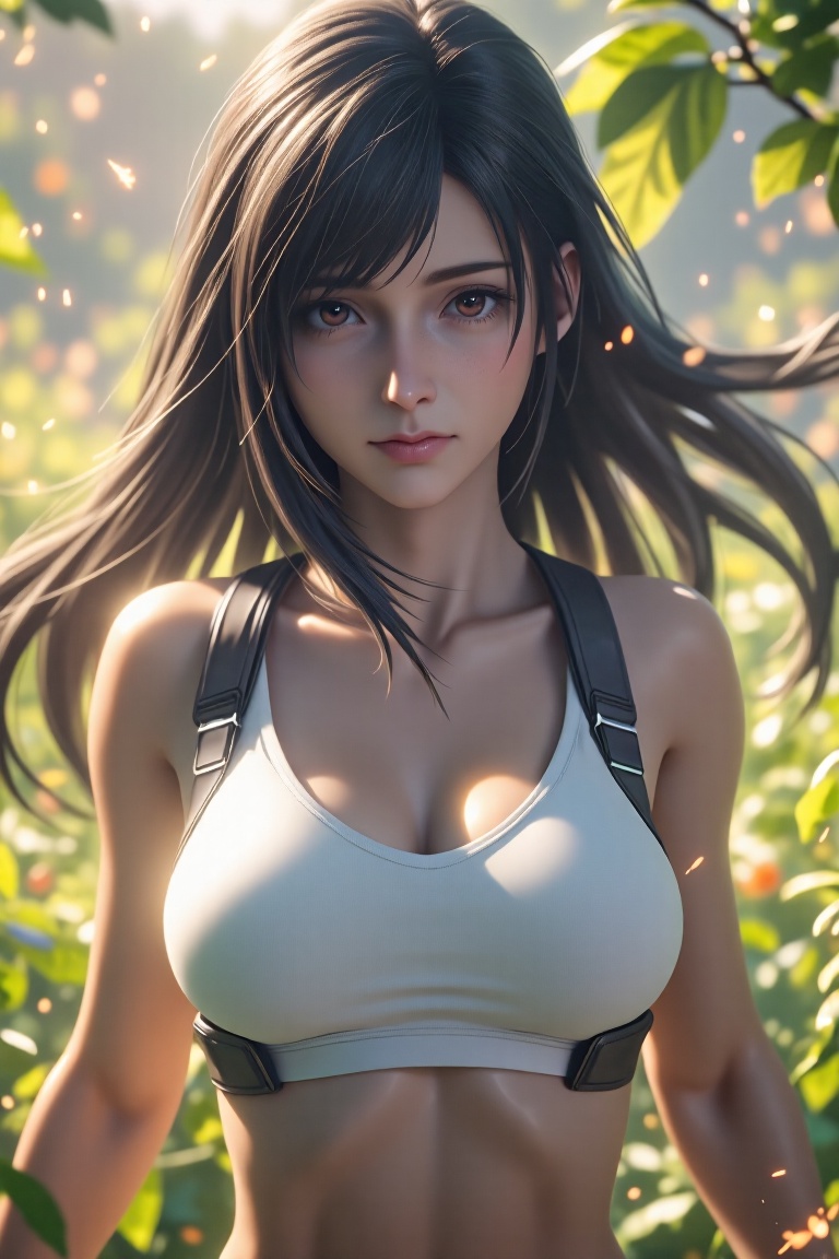 in a meadow,  A girl wearing a white sports bra and black suspenders,  with flowing black hair and a firm expression. The...