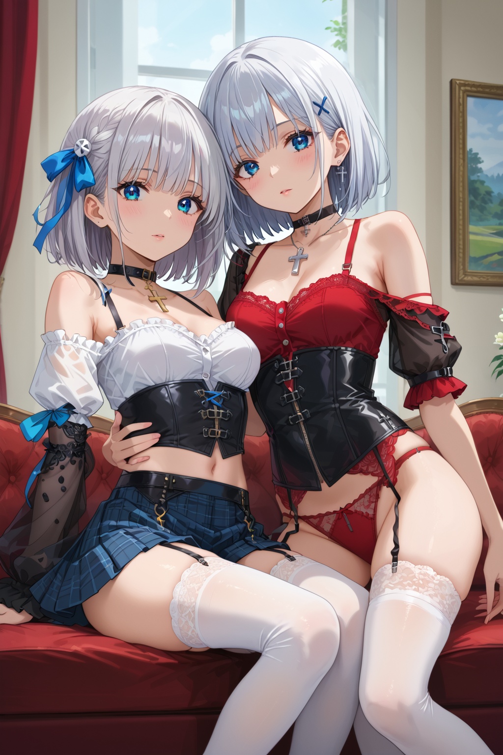 Pale silver hair,  anime girl,  blue eyes. Red and black outfit on Tensor.Art