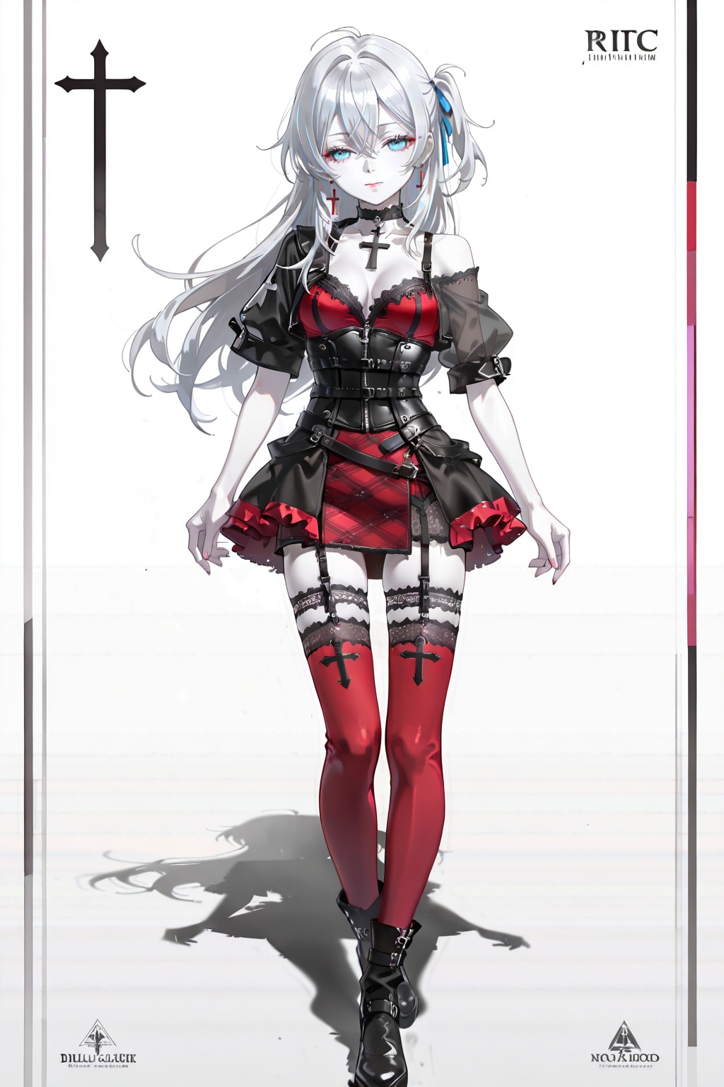 Pale silver hair,  blue eyes like an anime girl,  white skin. Red and black outfit on Tensor.Art