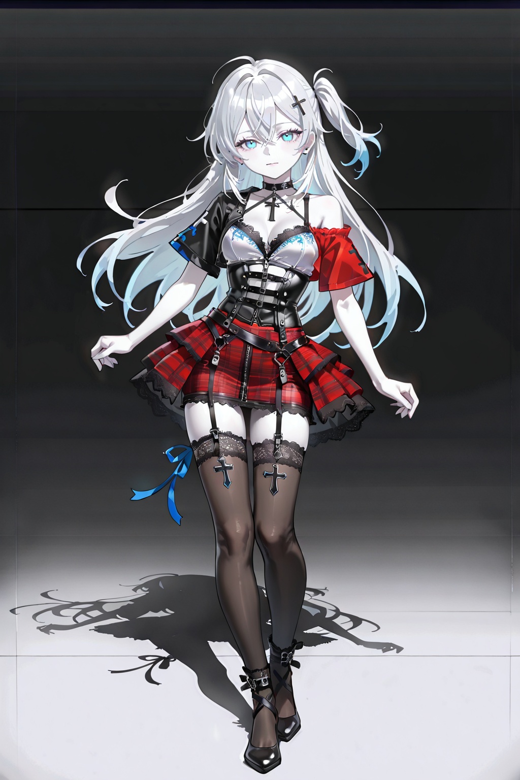 Pale silver hair,  blue eyes like an anime girl,  white skin. Red and black outfit on Tensor.Art