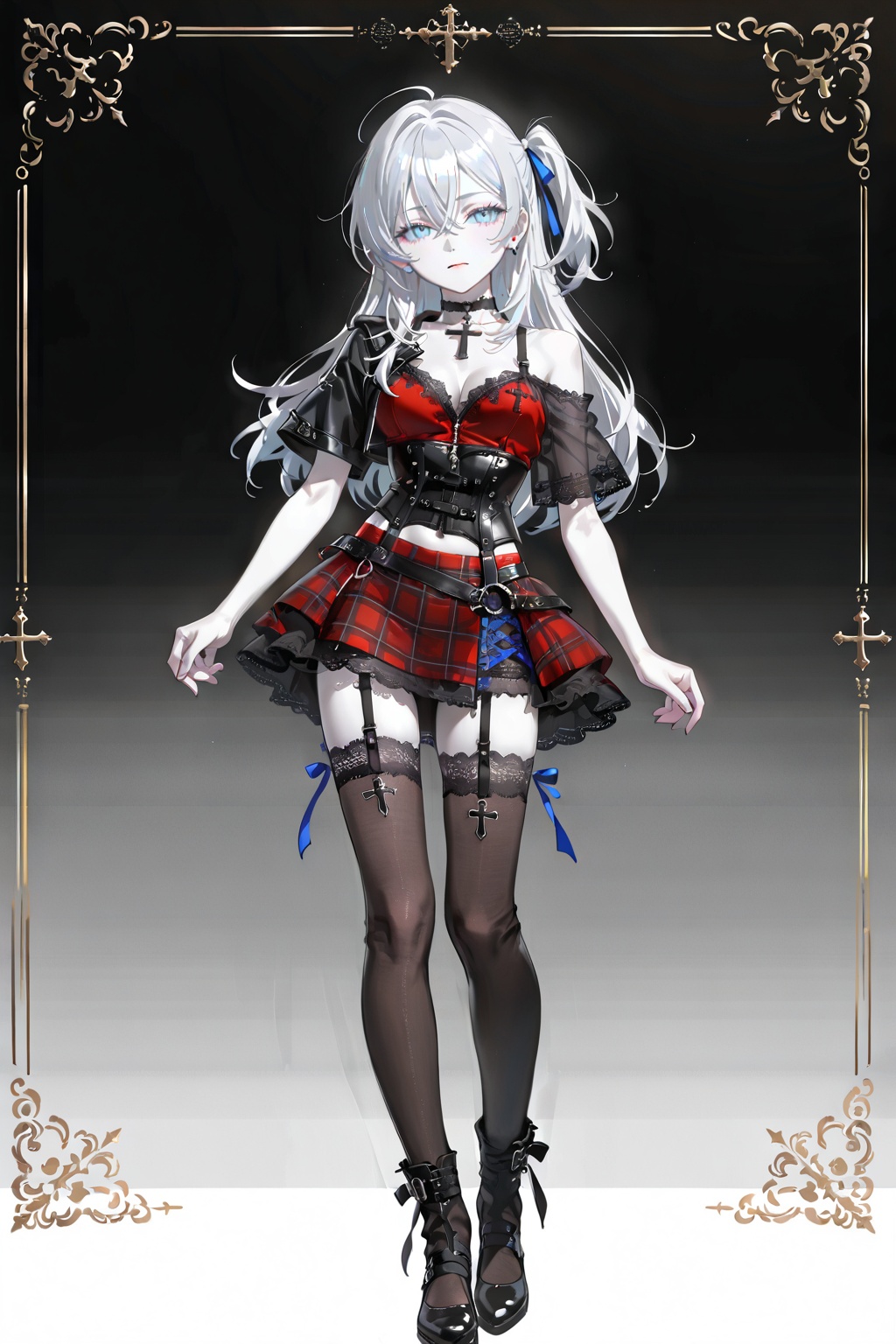 Pale silver hair,  blue eyes like an anime girl,  white skin. Red and black outfit on Tensor.Art