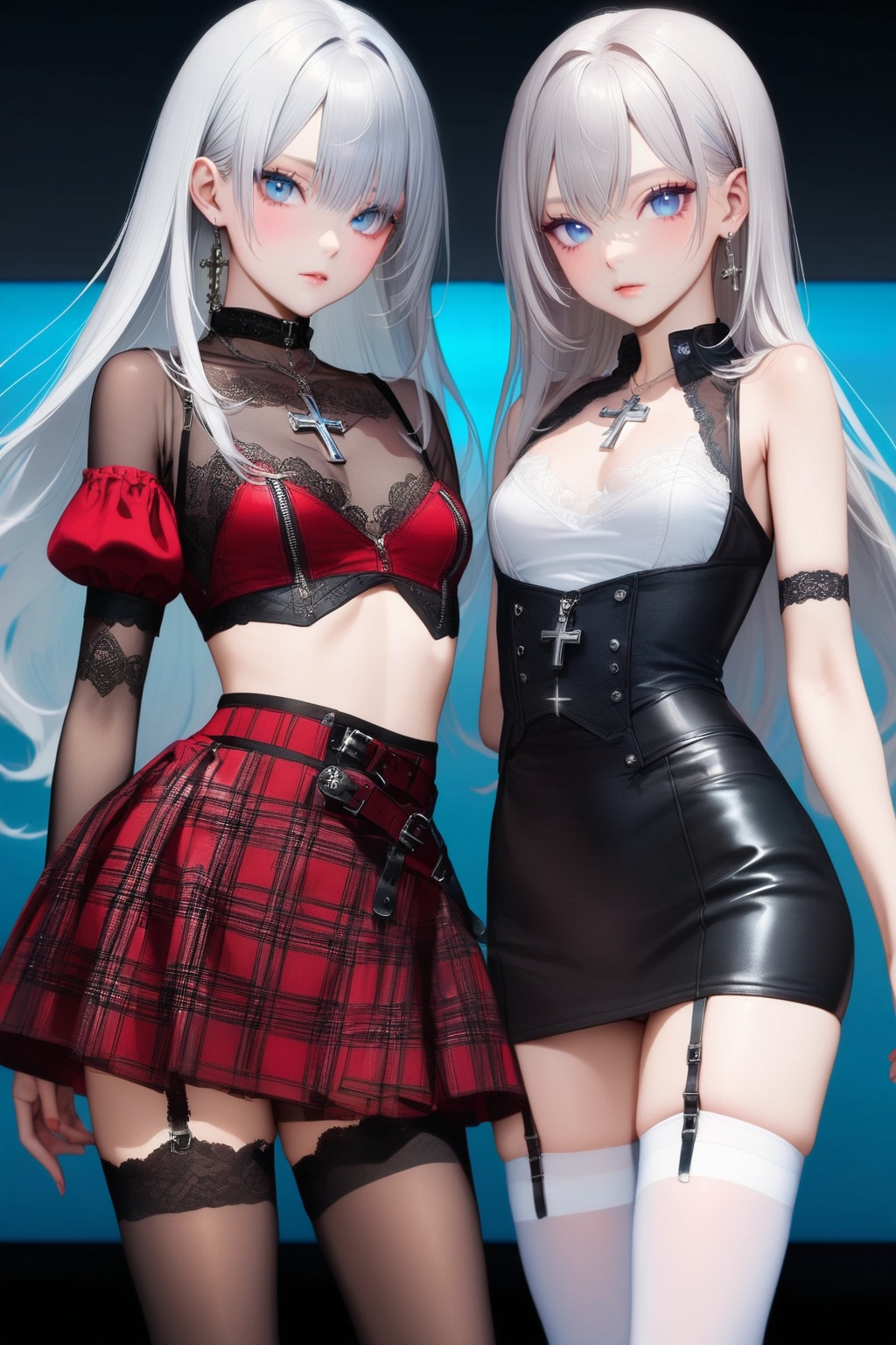 Pale silver hair,  anime girl,  blue eyes. Red and black outfit on Tensor.Art
