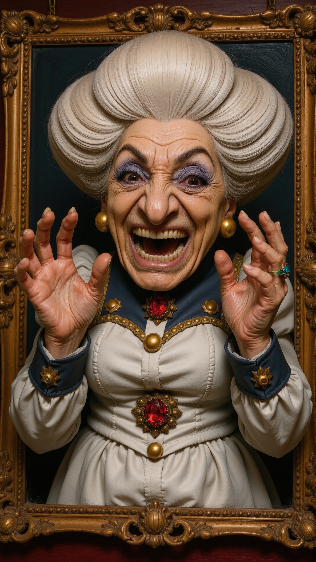 This is a hyper-realistic three-dimensional oil painting: there is an old woman named YUBABA in the picture,  her face is...