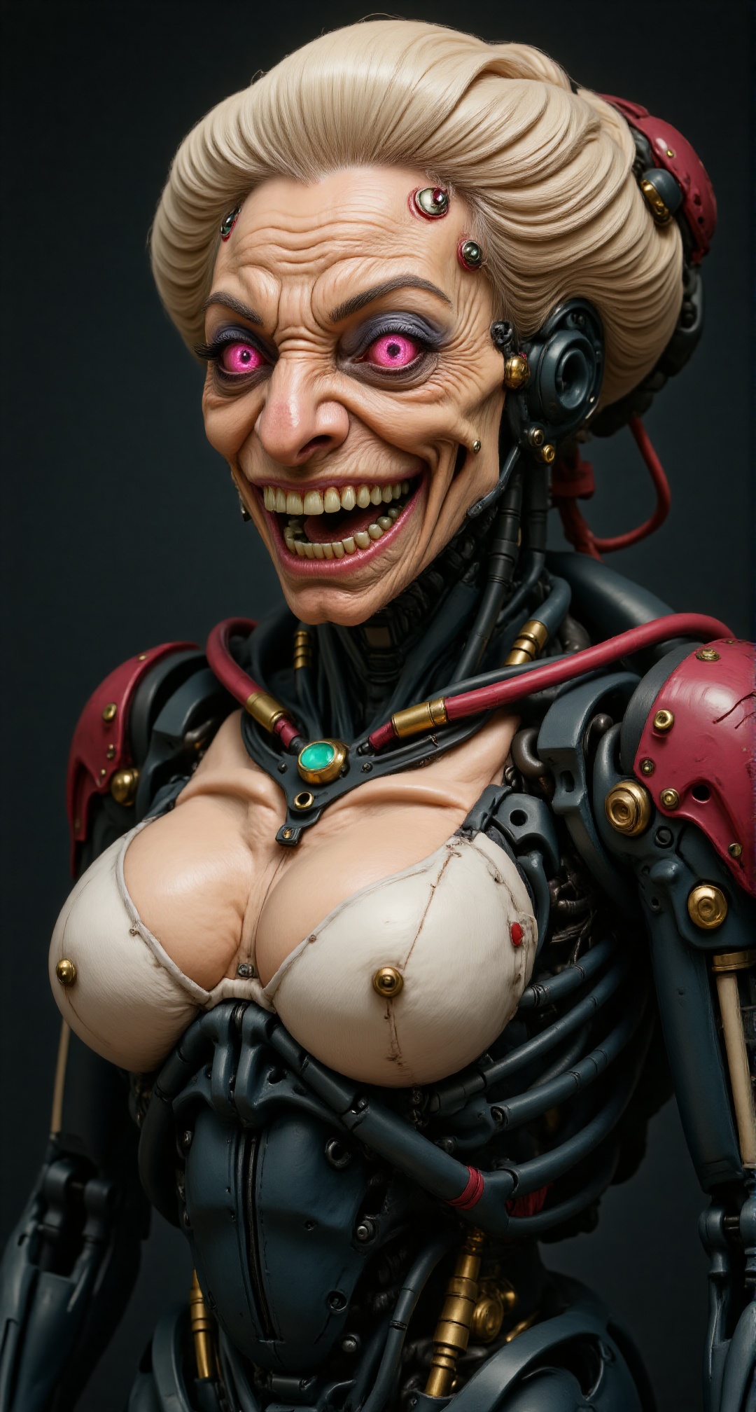Close up detailing image of Mecha Old woman YUBABA skeleton. Her face is full of wrinkles,  her facial features are strang...