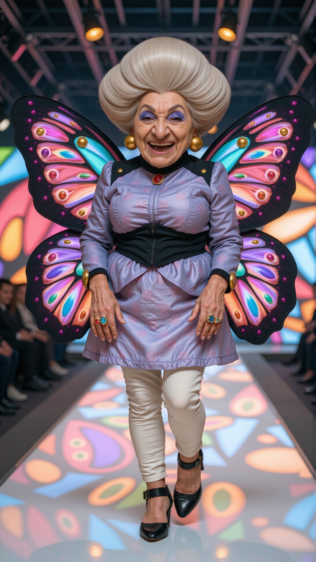 A fashion model strides down a futuristic,  chrome catwalk as she showcases an avant-garde,  butterfly-inspired ensemble....