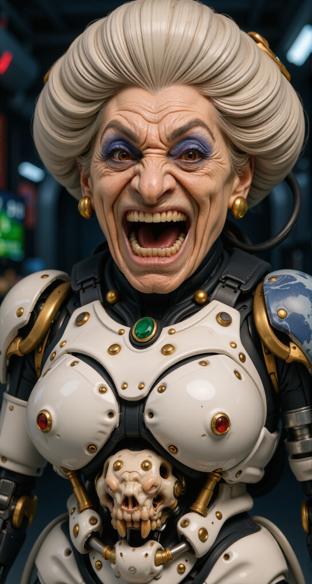 Close up detailing image of Mecha Old woman YUBABA skeleton. Her face is full of wrinkles,  her facial features are strang...