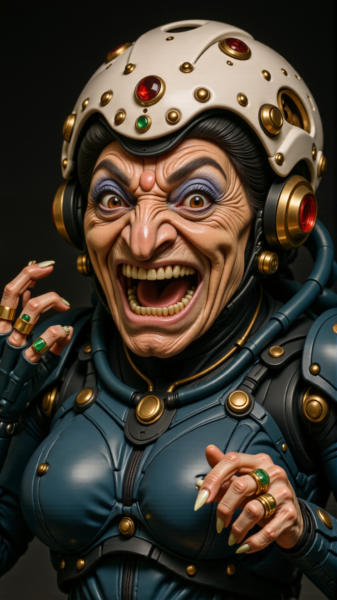 Close up detailing image of Mecha Old woman YUBABA skeleton. Her face is full of wrinkles,  her facial features are strang...