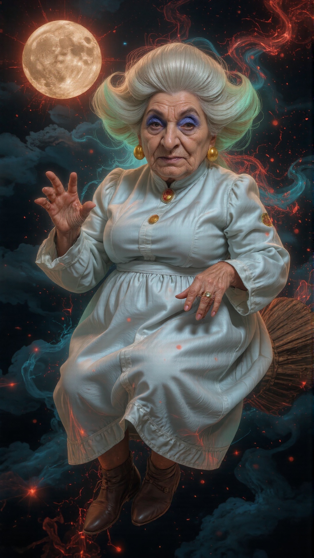 Wide lens: in the photo there is an old woman named YUBABA,  her face is full of wrinkles,  her facial features are strang...