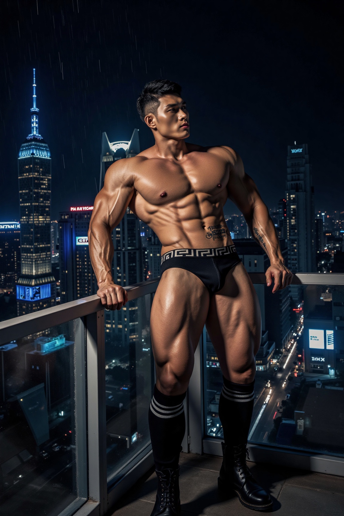 A muscular mature male underwear model,  wearing a simple black thong,  paired with black knee-high socks with wide black...