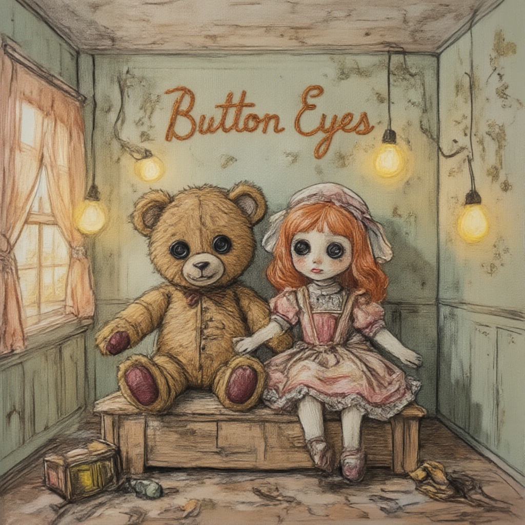A whimsically unsettling illustration of a vintage teddy bear and an old porcelain doll seated together on a timeworn wood...