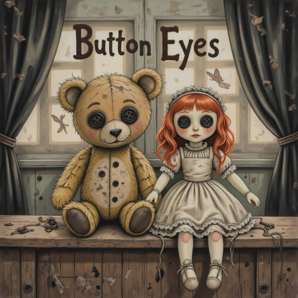 A haunting illustration of a vintage teddy bear and an old-fashioned porcelain doll sitting together on a dusty wooden she...