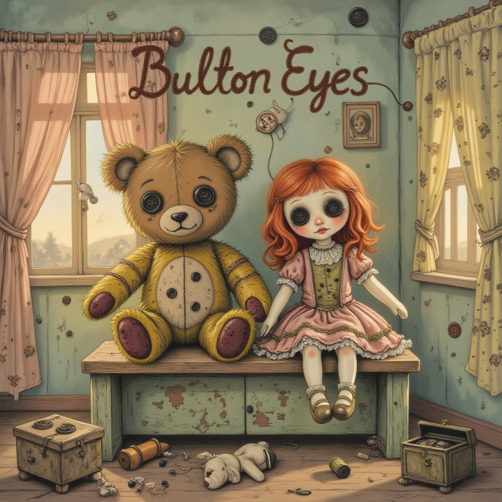 A whimsically unsettling illustration of a vintage teddy bear and an old porcelain doll seated together on a timeworn wood...