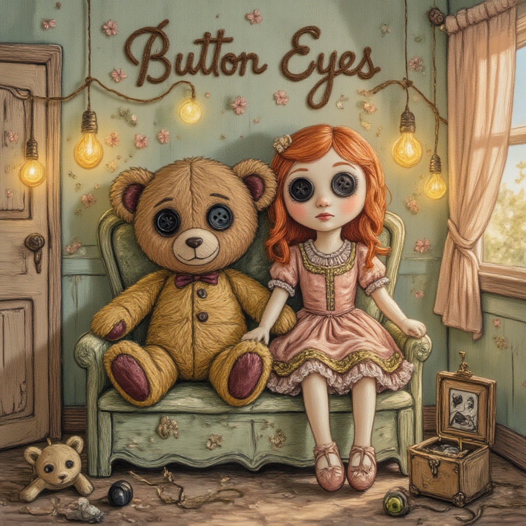 A whimsically unsettling illustration of a vintage teddy bear and an old porcelain doll seated together on a timeworn wood...