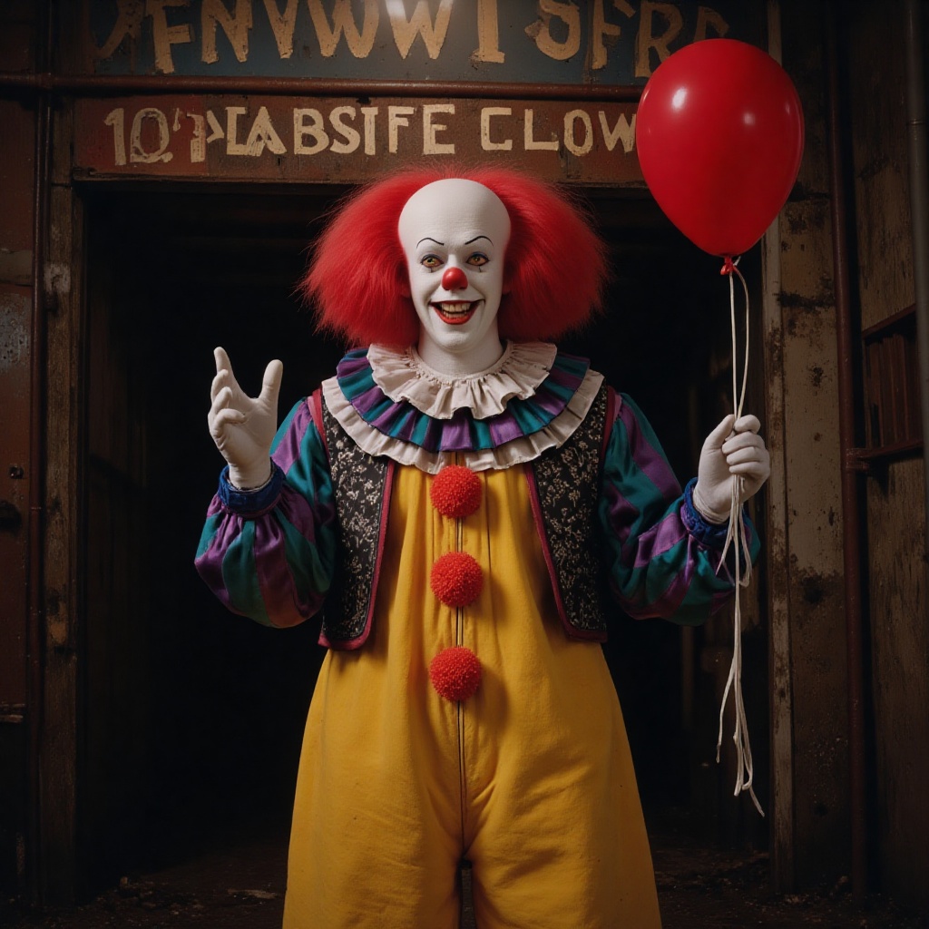 A striking and theatrical depiction of Pennywise the Dancing Clown,  inspired by Tim Curry’s 1990 portrayal—his face a gro...