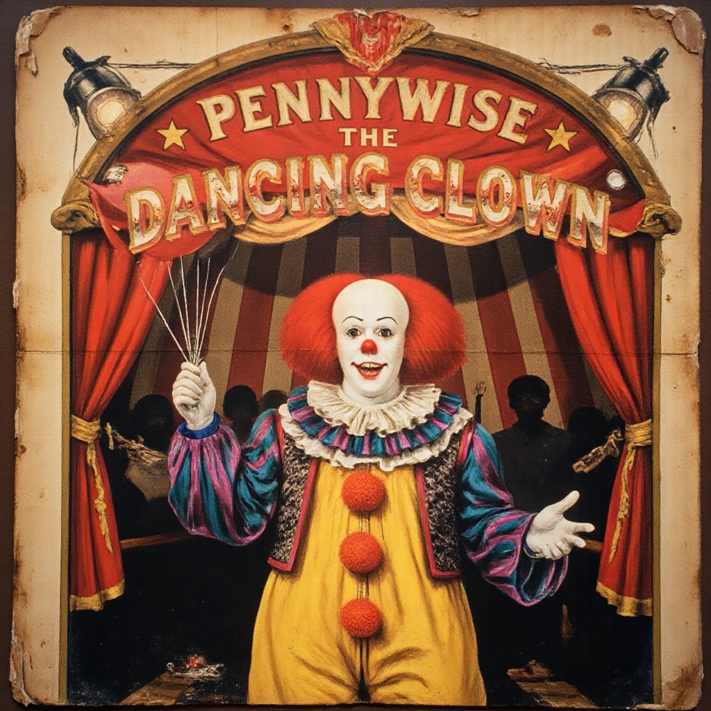 A vintage circus poster styled like it’s been pulled from a dusty trunk in some forgotten attic—creased,  sun-faded,  and...