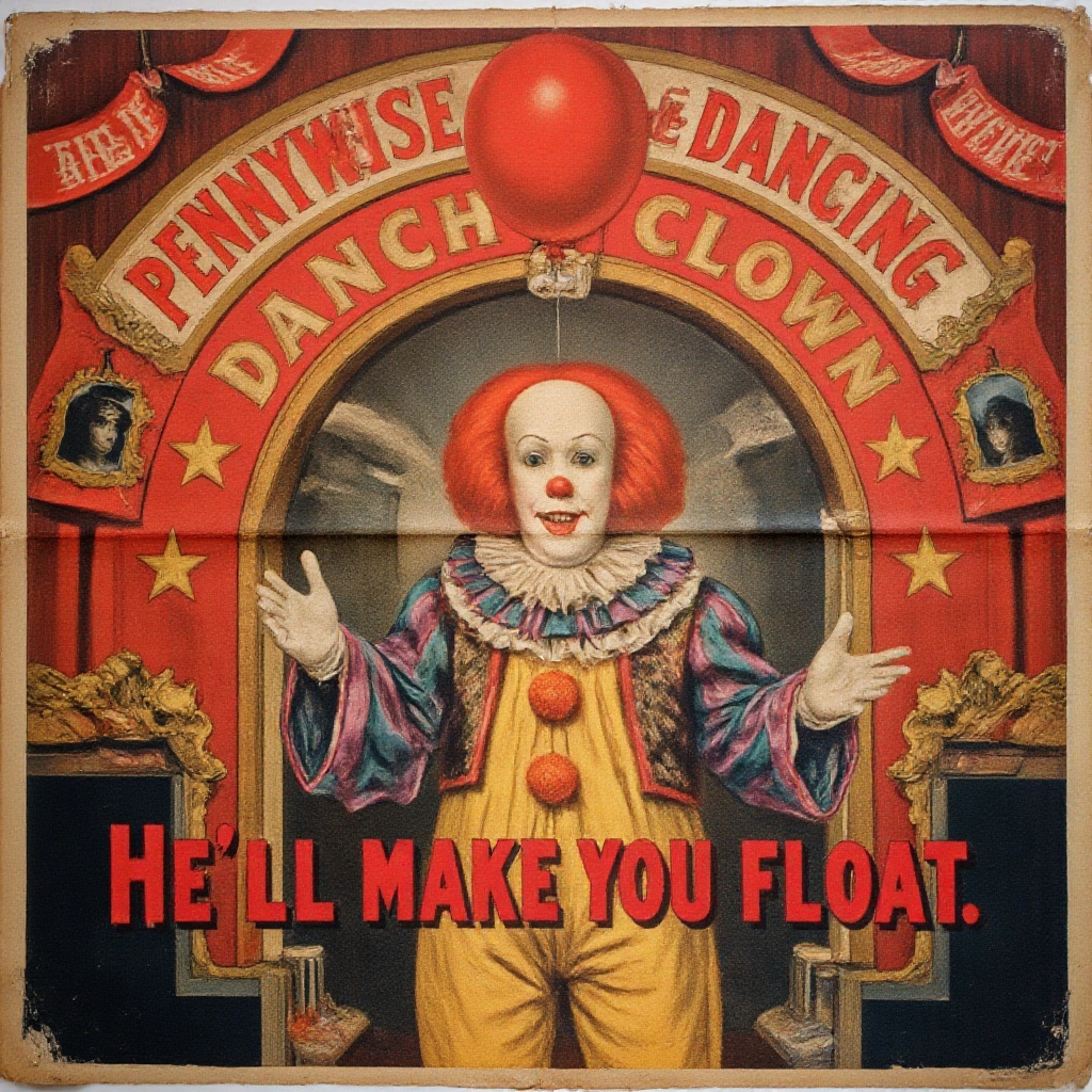 A vintage circus poster styled like it’s been pulled from a dusty trunk in some forgotten attic—creased,  sun-faded,  and...