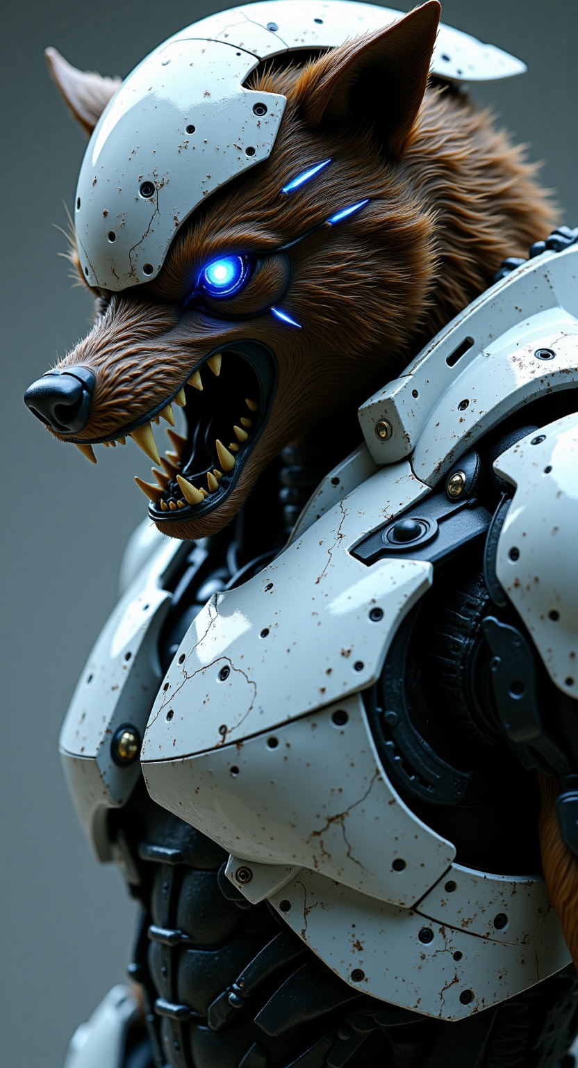 A close-up shot of an enraged brown wolf robot mecha soldier,  its anthropomorphic features contorted in a snarl. The futu...