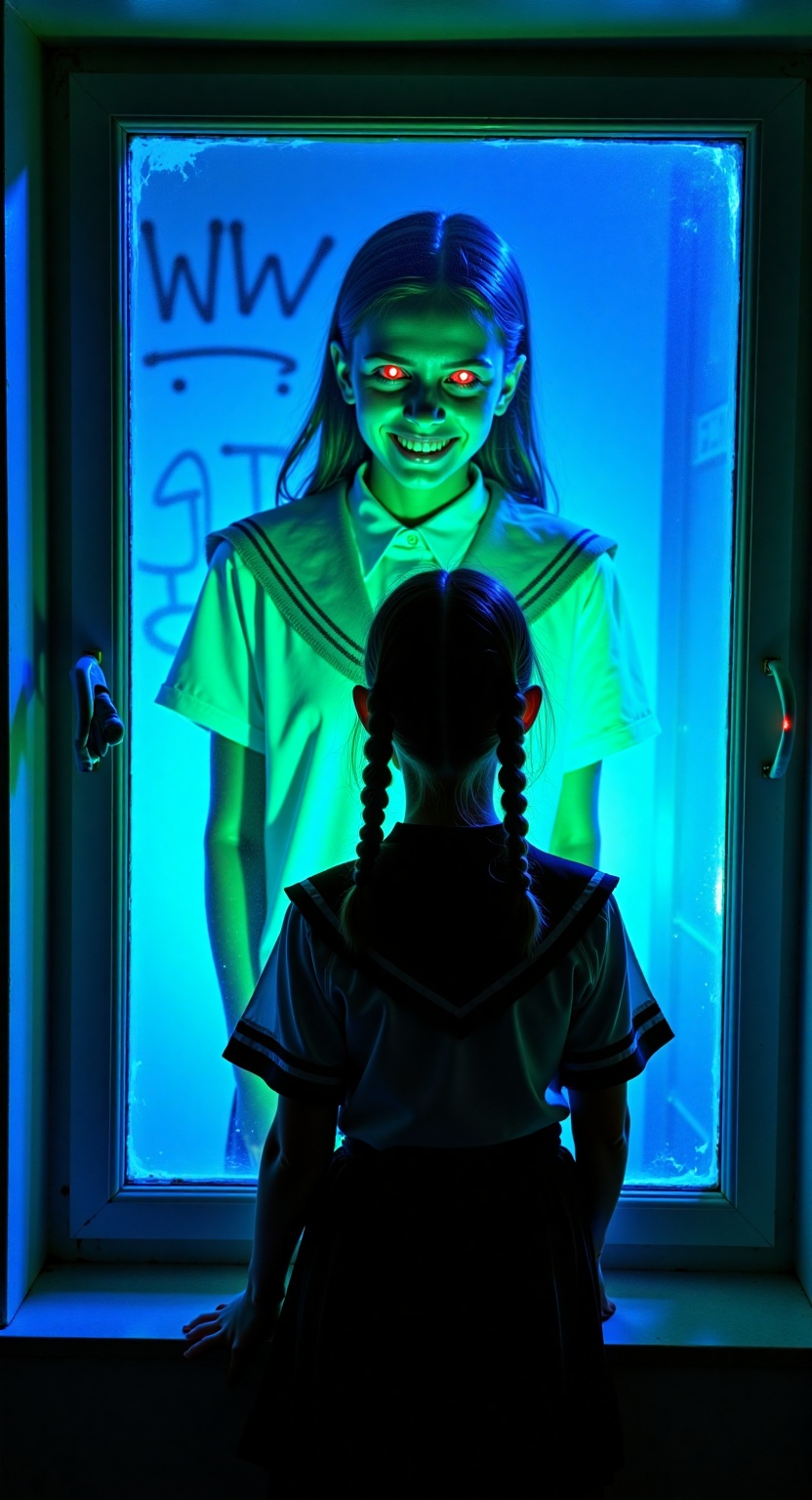 Capture a haunting scene: A young girl in a worn-out school uniform stands in front of a window,  her reflection revealed...