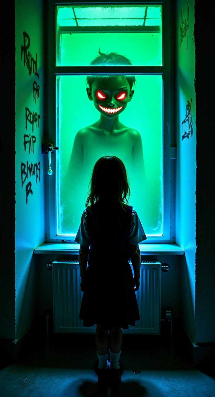 blue light,  a dark eerie scene with a young girl standing in front of a window. The girl is facing a green-lit room,  and...