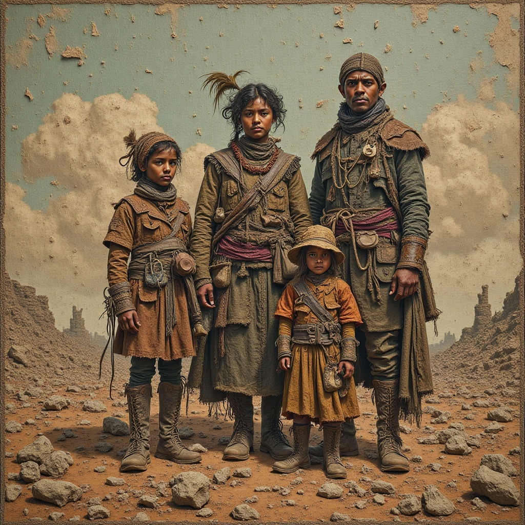 Masterpiece by Jean Baptiste Monge. Urban pioneer family,  clad in eclectic,  layered leather attire with intricate on Ten...