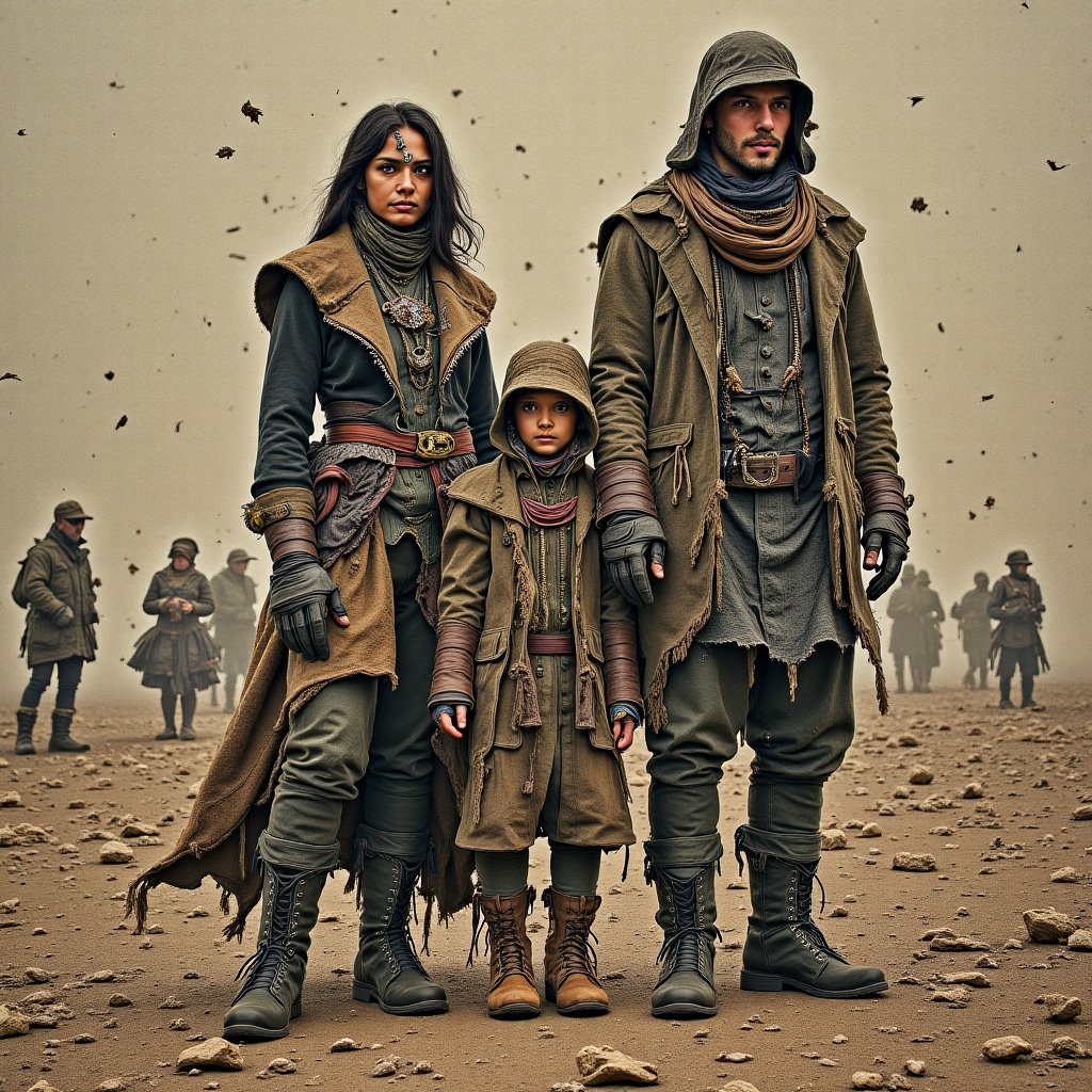 Masterpiece by Jean Baptiste Monge. Urban pioneer family,  clad in eclectic,  layered leather attire with intricate on Ten...