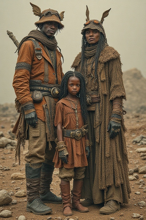 Masterpiece by Jean Baptiste Monge. Urban pioneer family,  clad in eclectic,  layered leather attire with intricate on Ten...