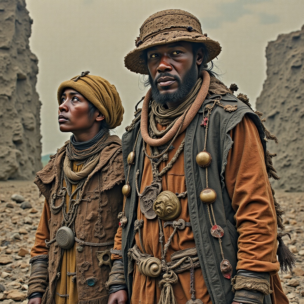 Masterpiece by Jean Baptiste Monge. Urban pioneer family,  clad in eclectic,  layered leather attire with intricate on Ten...