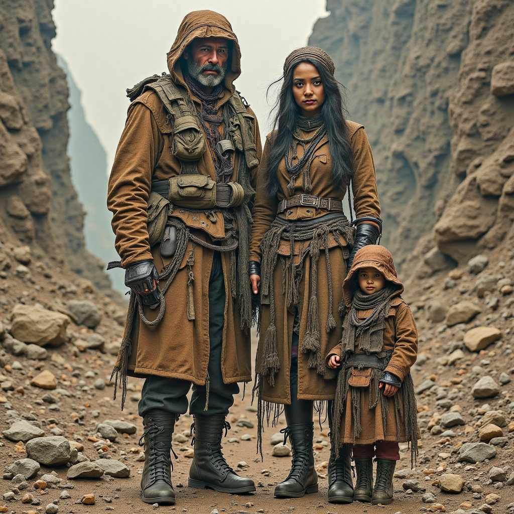Masterpiece by Jean Baptiste Monge. Urban pioneer family,  clad in eclectic,  layered leather attire with intricate on Ten...