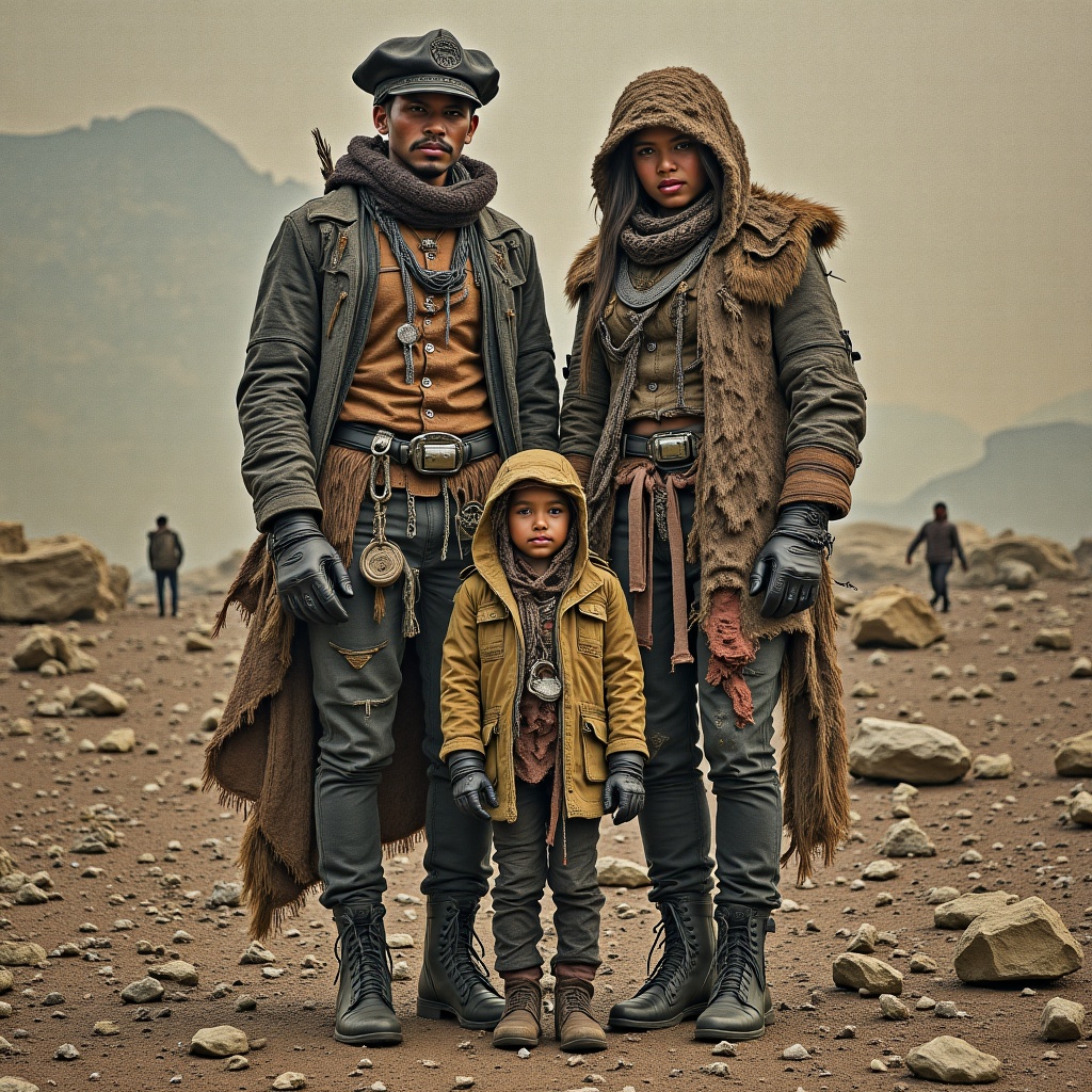Masterpiece by Jean Baptiste Monge. Urban pioneer family,  clad in eclectic,  layered leather attire with intricate on Ten...