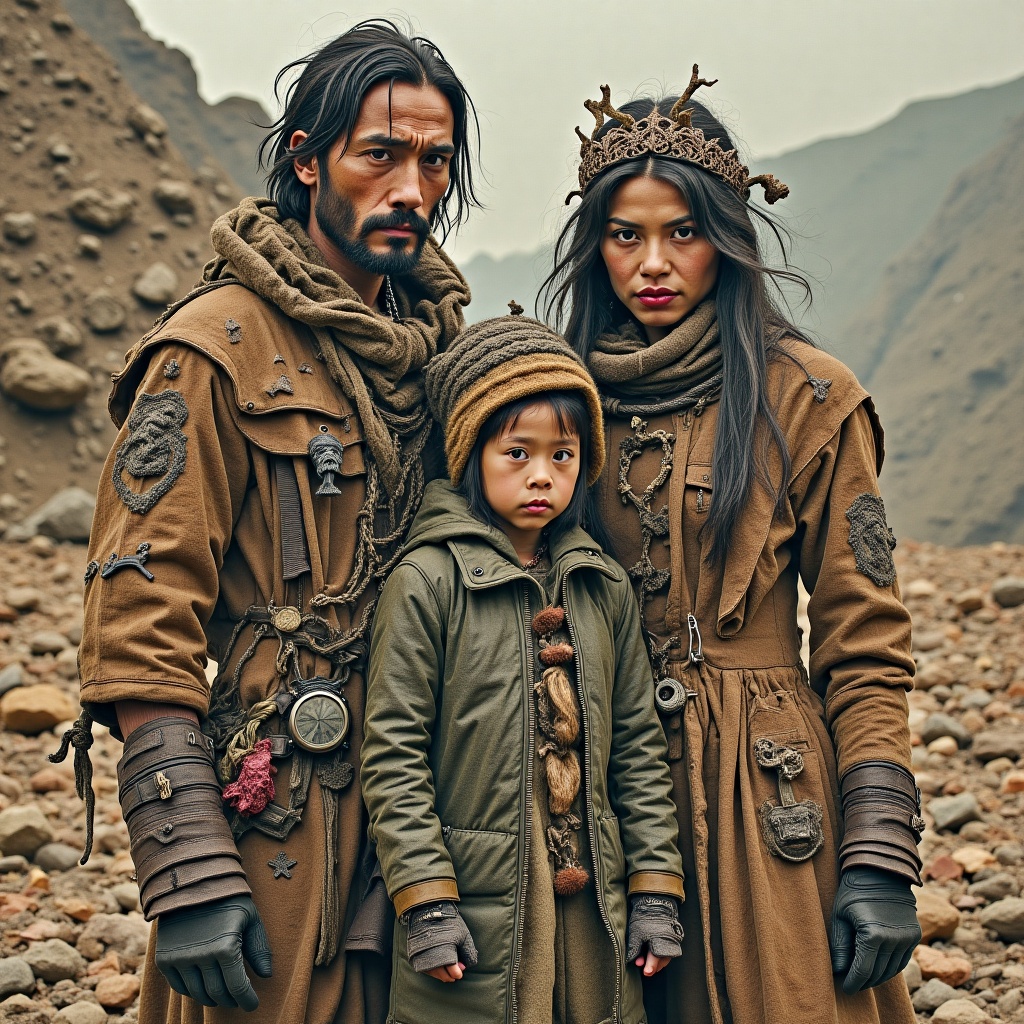 Masterpiece by Jean Baptiste Monge. Urban pioneer family,  clad in eclectic,  layered leather attire with intricate on Ten...