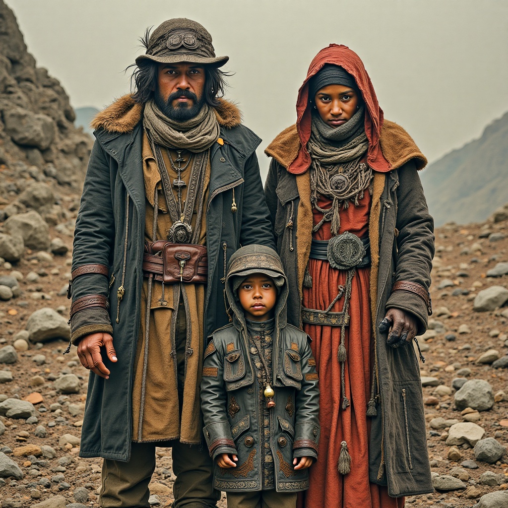 Masterpiece by Jean Baptiste Monge. Urban pioneer family,  clad in eclectic,  layered leather attire with intricate on Ten...
