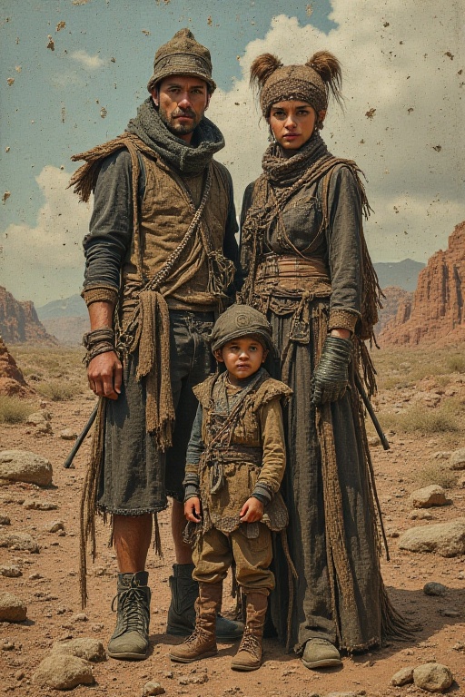 Masterpiece by Jean Baptiste Monge. Urban pioneer family,  clad in eclectic,  layered leather attire with intricate on Ten...