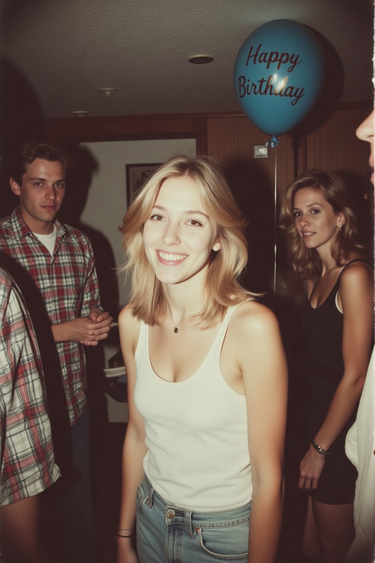 A vintage photo of a birthday party in the 80s/90s. In the center,  a smiling young woman wears a white **** top and light...