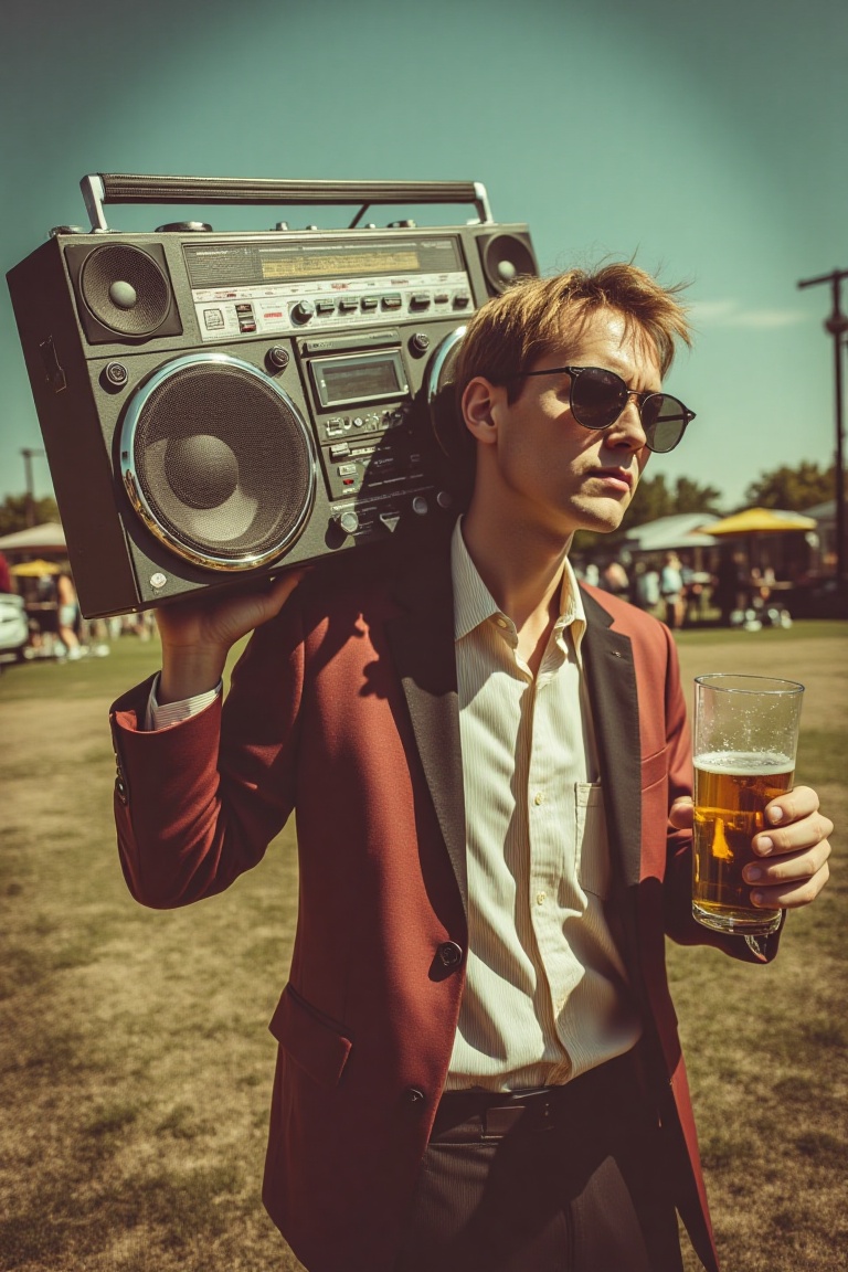 A vivid picture showing a guy dressed in the style of the nineties,  wearing sunglasses,  holding a large nineties-style b...