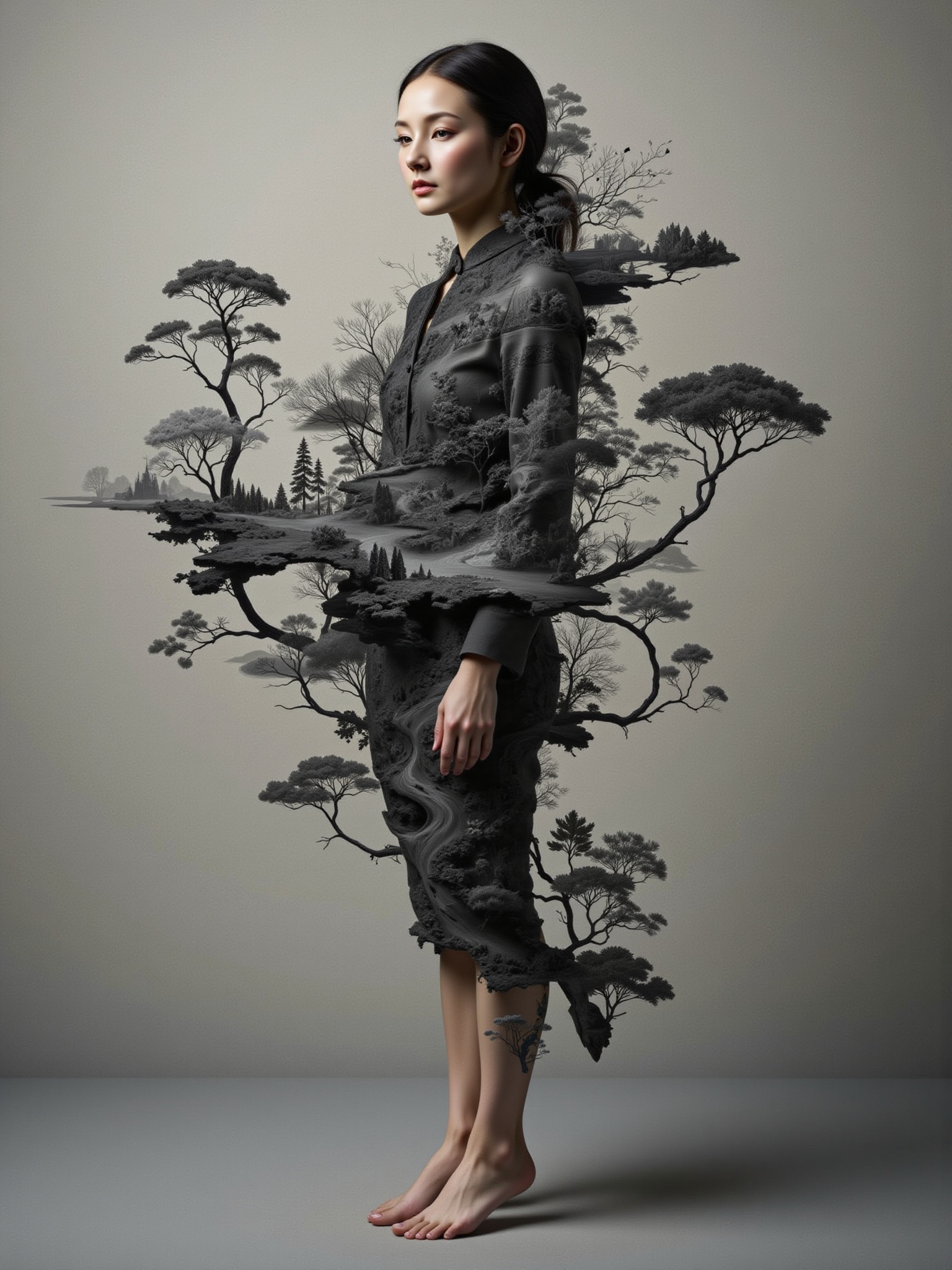 Surreal digital illustration painting in the style of Asa CHEN,  Mystical beauty stands barefoot,  shrouded in charcoal pe...