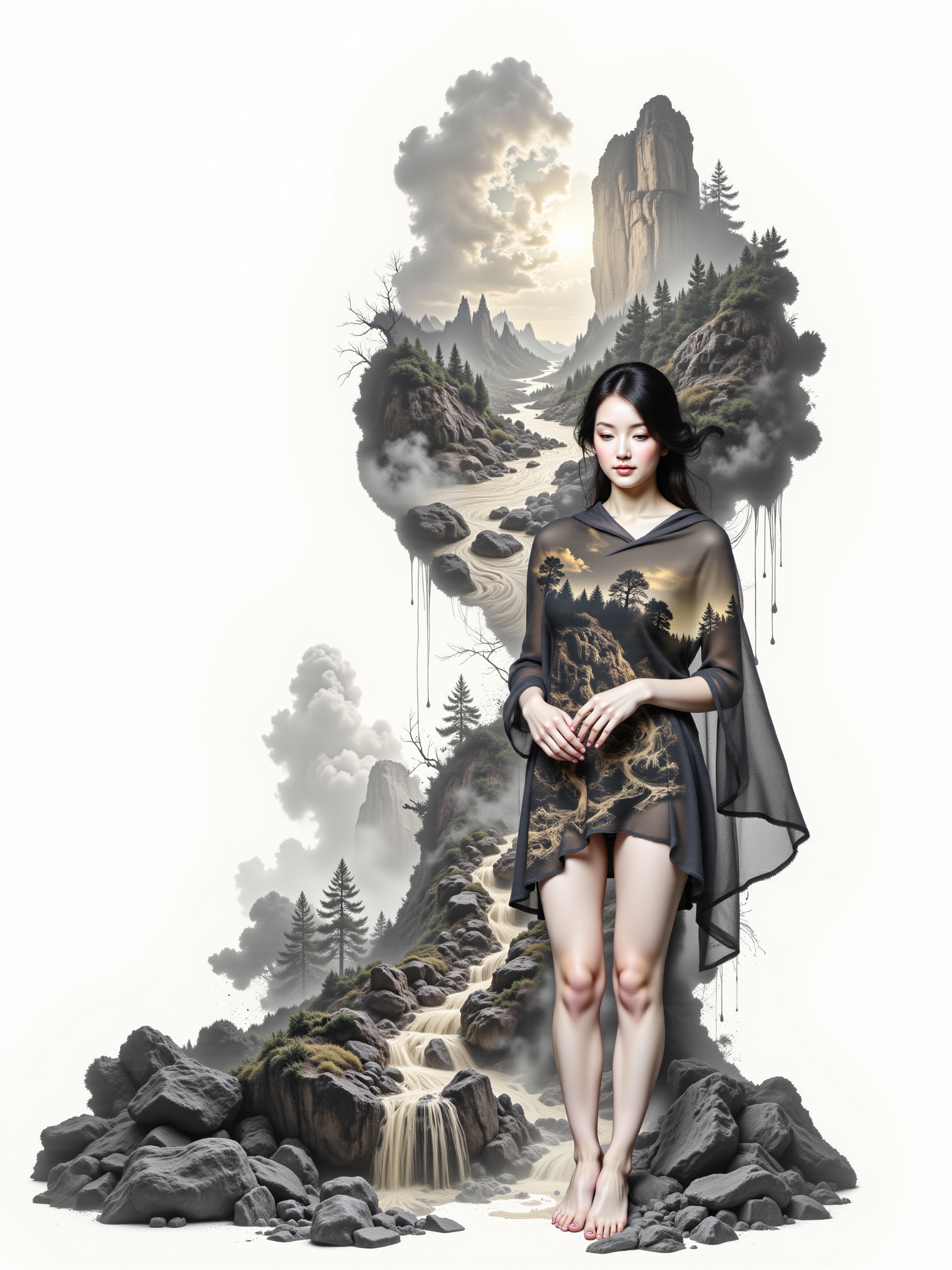 Surreal digital illustration painting in the style of Asa CHEN,  Mystical beauty stands barefoot,  shrouded in charcoal pe...