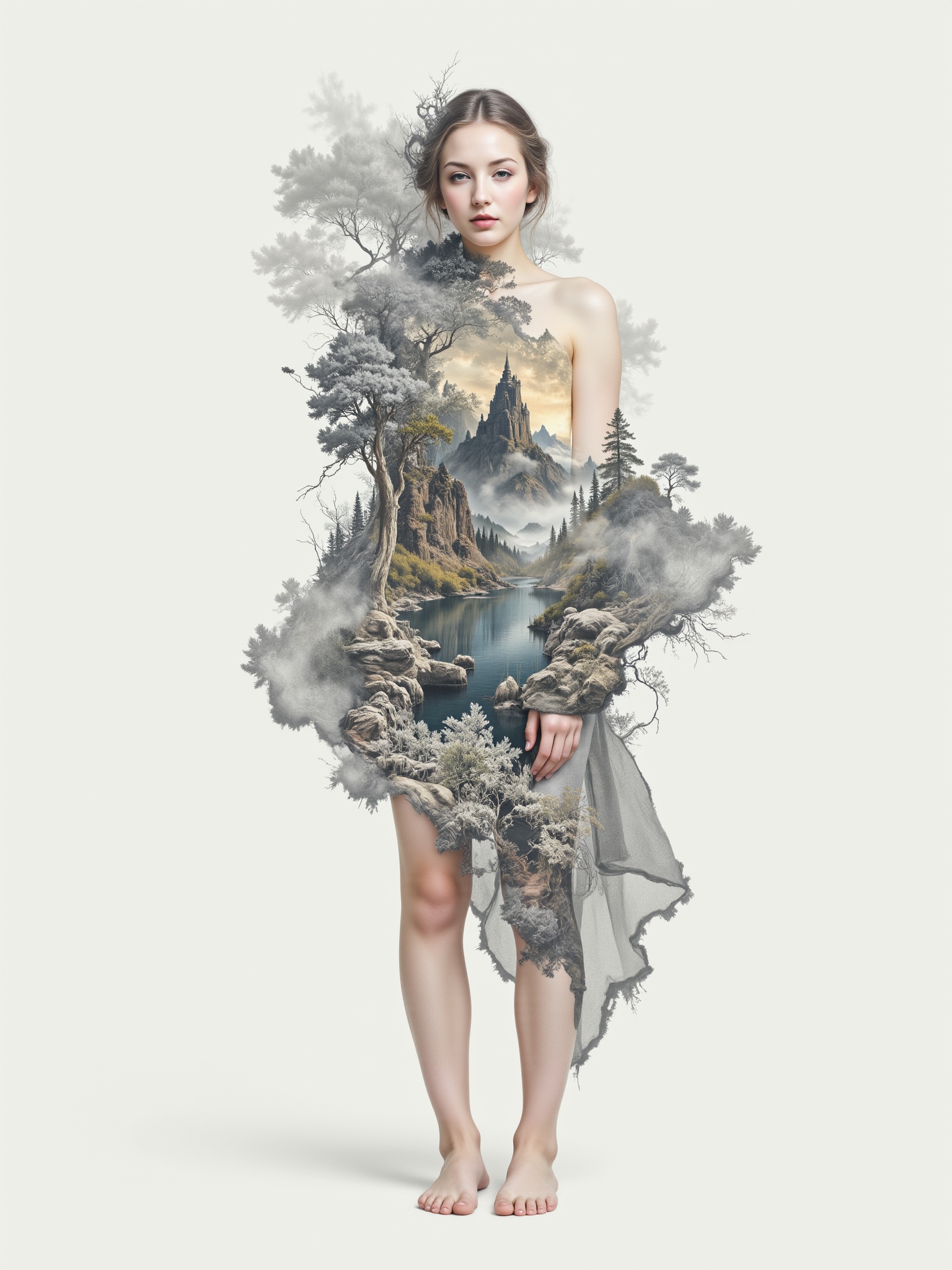 Surreal digital illustration painting in the style of Asa CHEN,  Mystical beauty stands barefoot,  shrouded in charcoal pe...